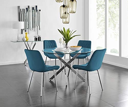 Image of Furniturebox UK Novara 120cm Modern Large Round Chrome Metal And Clear Glass Dining Table And 4/6 Luxury Stylish Pesaro Velvet and Chrome Metal Dining Chairs Set (Blue/Silver Pesaro Chairs, 4 Chairs)
