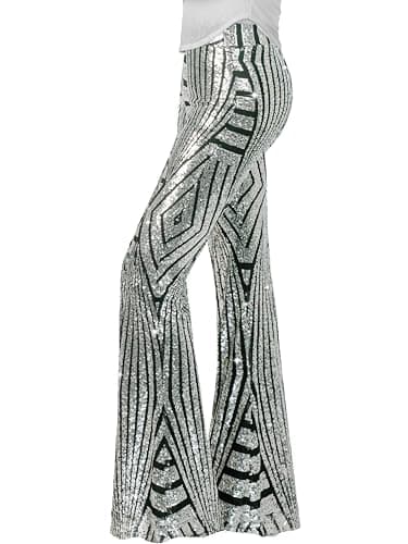 Image of Nawgut Sequin Flare Pants Sparkly Glitter High Waisted Bell Bottom Trousers Disco Party Clubwear for Women, Silver, S