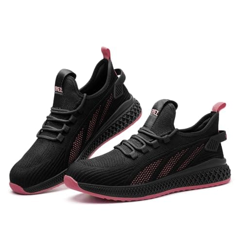 Image of SPIEZ Lightweight Composite Toe Safety Shoes for Women, Metal-Free Work Trainers with Puncture Proof Midsoles, Breathable Slip on Casual Sneakers, Size 4 UK, Black/Pink