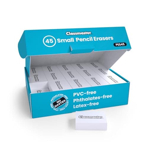 Image of Show-me Classmaster PES45 Pencil Erasers – Small, PVC-Free, Phthalates-Free – White, (Pack of 45)