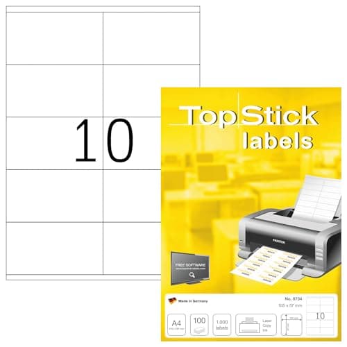 Image of TopStick 8734 Multi-Purpose Labels, 10 Labels Per A4 Sheet, 105 x 57 mm, 1000 Labels, Self Adhesive, Large Stickers for Laser and Inkjet Printers, White