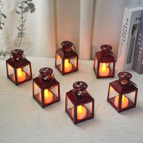 Image of TRIROCKS 6 Pcs Small Metal Candle Lanterns Vintage Hanging House Tealight Lantern Decorative Candle Tea Light Holders for Table Valentine Patio Indoor Outdoor Gifts(Red)