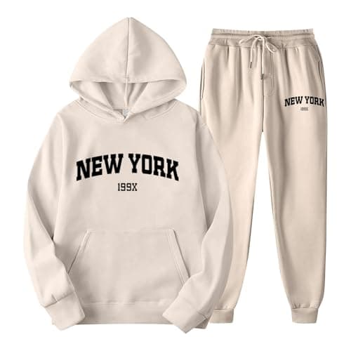 Image of Generisch Letter Print Hoodie and Jogging Bottoms Set for Couples, Unisex, New York Theme, Casual Wear, Comfortable and Stylish Tracksuit with Hood, Cuddly Jacket, beige, 3XL