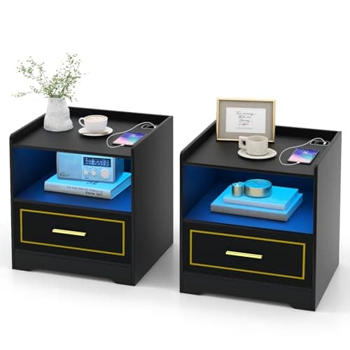 Image of CASART Smart Bedside Table, LED Nightstand End Tables with USB Charging Station, Adjustable Luminance & Colors, Inductive Function, Narrow Accent Sofa Side Tables for Living Room Bedroom (2, Black)