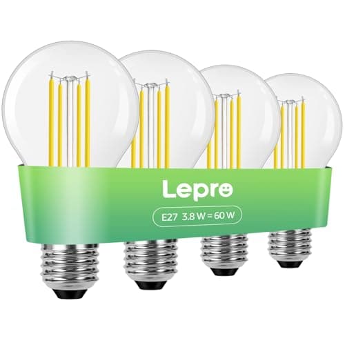 Image of Lepro E27 Screw Bulb, A-Rated Ultra-efficient LED Bulb, 3.8W = 60W, 806lm, 2700K Warm White, 50000H Lifespan, Clear Filament, Vintage Glass, Non-dimmable, Pack of 4