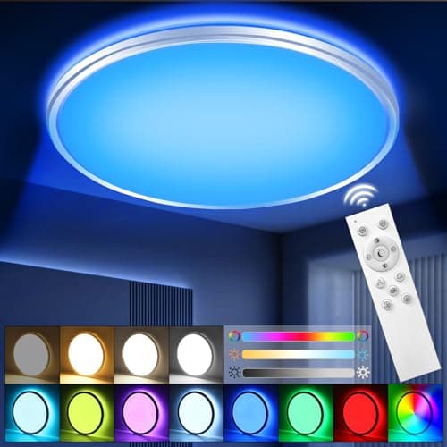 Image of RGB LED Ceiling Light Dimmable with Remote Control，24W/3000LM Flat Circular Ceiling Lights,3000K-6500K,10 Level Brightness Adjustment,7 RGB Ceiling Lights for Bedroom,Bathroom,Living Room, Kitchen