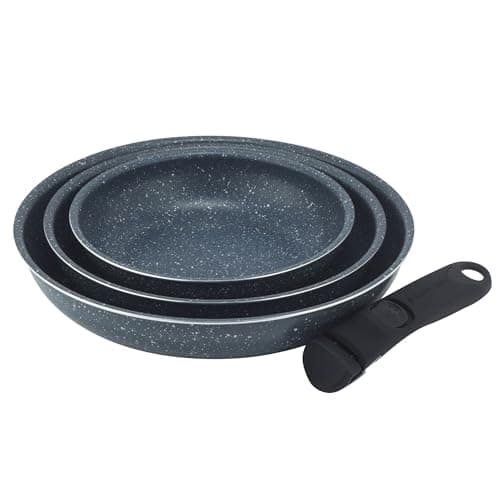 Image of Russell Hobbs Nightfall Stone Frying Pan Set – Smart Clip Non-Stick Pans, 20cm, 24cm, 28cm, Stay Cool Detachable Handle, Oven to Hob to Table Cooking, Space Saving Stackable Cookware