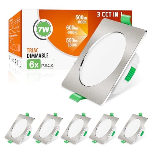 Image of ALUSSO Square LED Downlights Dimmable 7W IP44 Slim Recessed Ceiling Lights, 3CCT 3000K Warm 4000K Neutral 6500K Cool Adjustable Bathroom Spotlights, Brushed Nickel, 6 Pack