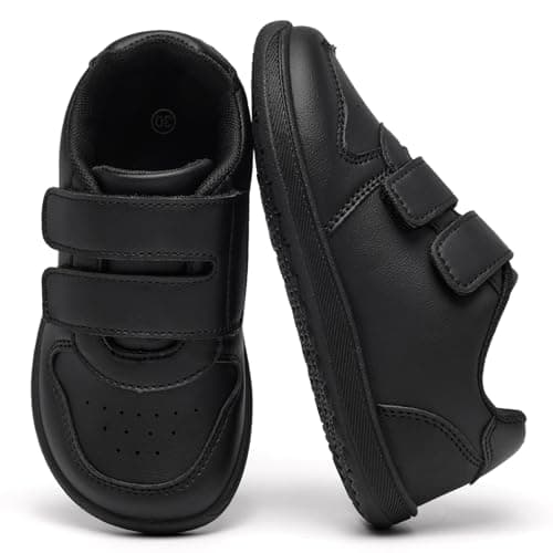 Image of Binceno Kids School Shoes Boys Girl Trainers Wide Toe Barefoot Shoes Uniform Shoes Hook and Loop Zero Drop Shoes Lightweight Non Slip Walking Sneakers All Black 12 UK Child