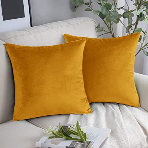 Image of Yorkshire Bedding Cushion Covers 45 x 45 (Pack of 2) - Decorative Velvet Square Throw Pillow Cases (18x18 Inches) - Luxury Soft Cushion Cover for Sofa Couch Bedroom with Invisible Zipper (Ochre)