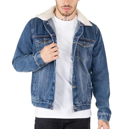 Image of NOROZE Mens Denim Jacket with Detachable Sherpa Collar Classic Fur Jean Trucker Coat (M, Denim Blue)