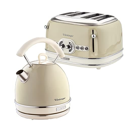 Image of Ariete ARPK39 Retro Style Dome Kettle and 4 Slice Toaster Set, Vintage Design, Cream, Stainless Steel