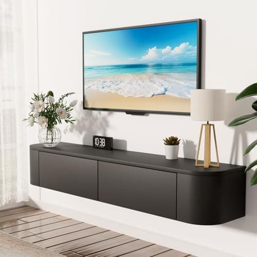 Image of JMGJOY 120cm Floating Tv Stand Cabinet Wall Mounted Tv Unit with Doors Media Wall Unit Large Storage Console Table for Living Room Bedroom and Office, Black