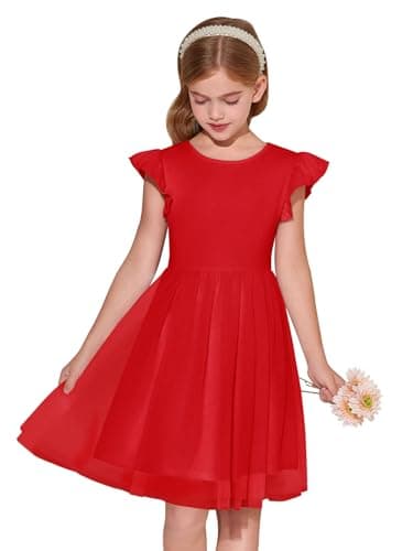 Image of Haloumoning Girls' Dresses Ruffled Sleeves Round Neck Solid Color Summer Dress A-Line Princess Tulle Dress Festive Birthday Wedding Party Casual Dress, Red, 11-12 Years