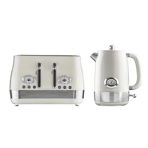 Image of Daewoo Denver Breakfast Set – Buttermilk Cream, Retro 1.5L Rapid Boil Kettle & 4 Slice Wide Slot Toaster, Temperature Gauge, Defrost, Reheat, Cancel Functions, Ideal for Stylish Kitchens