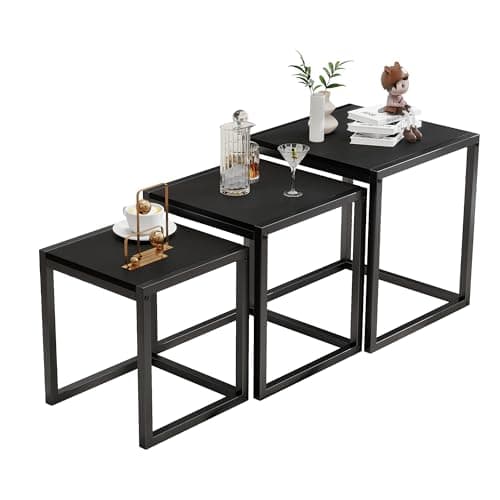 Image of Diahomy Nesting Coffee Table, Set of 3 End Tables, Metal Frame Square Corner End Desk for Living Room Bedroom Office Industrial Style, Black