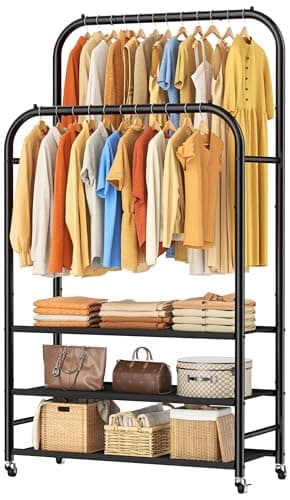 Image of HOMIDEC Double-Rod Clothes Rail, Heavy-Duty Clothing Rail with 3-Tier Dust-proof Fabric Non-Woven Shelves, Metal Garment Rack with Wheels for Bedroom, Holds up to 80 kg, Black