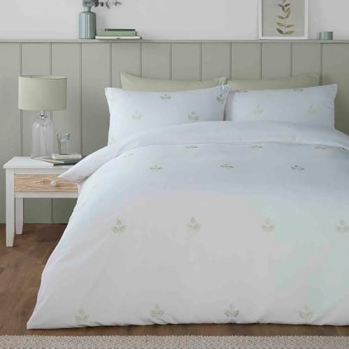 Image of Serene - Leaf Embroidery Duvet Cover - Double Bedding Size (200 x 200cm) - 2 Pillowcases - Sustainable Recycled Polyester - White Bedding with Leaf - Floral Embroidered Duvet Cover - Green/White