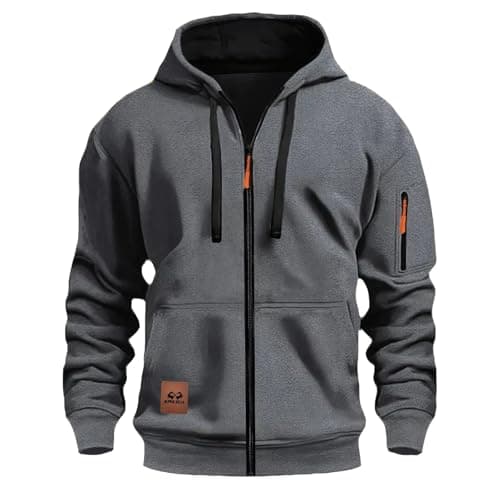 Image of NSICBMNO Gray Mens Zip Up Hoodie With Zipped Pocket Fleece Lined Jacket Long Sleeve Sweatshirt Travel Hoodie Lightweight Winter Jacket Hooded Sweatshirts Oversized Hoodies Jumper Hoody Tops L