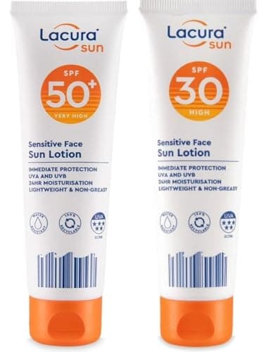 Image of 2× Lācurā Aldi - Sensitive Face Sun Lotion - SPF 30 & SPF 50+ | Immediate Protection UVA & UVB - 24H Moisturisation - Lightweight & Non-greasy | 50mL Each [Total 100mL]