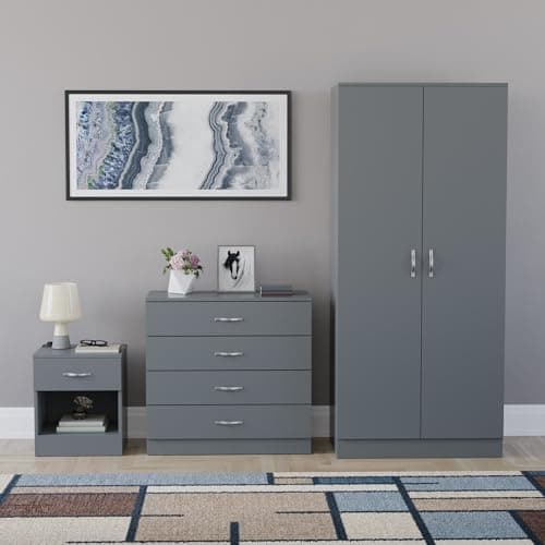 Image of Vida Designs Riano 3 Piece Bedroom Furniture Set - 1 Drawer Bedside Chest, 4 Drawer Chest, 2 Door Wardrobe - Grey