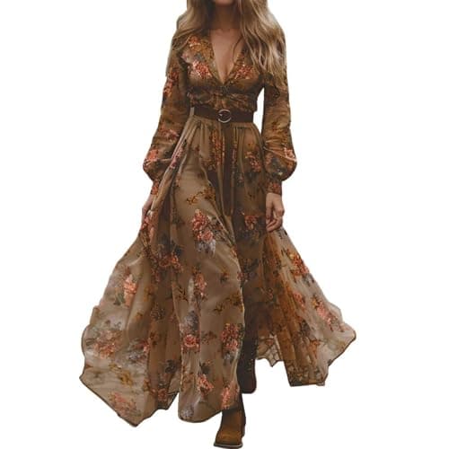 Image of Women's Long Sleeve V-Neck Dress, Vintage Dress, Sexy High Waisted Flower Print Loose Flowy Chic Elegant Classic Casual Temperament Pastoral Style Boheme Autumn Dress