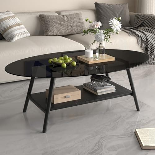 Image of Hawthyhome Round Side Table 2-Tier Coffee Table with Storage Modern Glass Table Metal Frame for Living Room Bedroom Black Glass