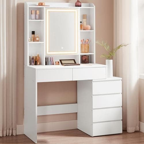 Image of VASAGLE KAILYN Collection - Dressing Table with LED Lights, 40 x 97.5 x 145 cm, Modern Makeup Desk, Vanity Table with Mirror, Drawers, Open Compartments, Adjustable Shelves, Cloud White RDT124W02