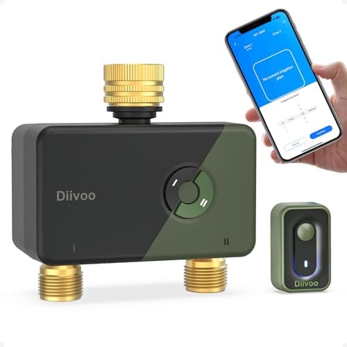 Image of Diivoo WiFi Sprinkler Timer 2 Zone, Garden Hose/Tap Timer with Brass Inlet & Outlet, Programmable Automatic Water System with Rain Delay, Manual/Auto Mode, Outdoor Irrigation Controller for Lawn