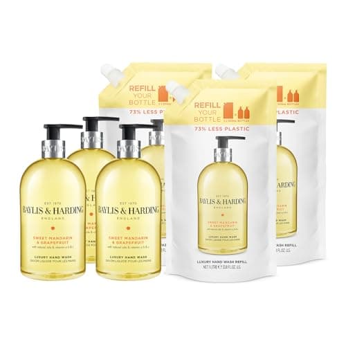 Image of Baylis & Harding Sweet Mandarin and Grapefruit Hand Wash Bundle: 3 x 500 ml & 3 x 1 Litre Refill Pouch - Vegan Friendly
