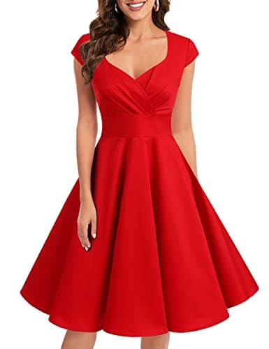 Image of bbonlinedress Women's 50s 60s A Line Rockabilly Dress Cap Sleeve Vintage Swing Party Dress Red L