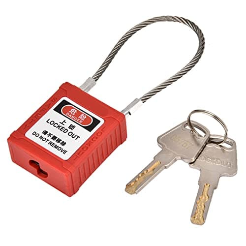 Image of Safety Lockout Padlock, Steel Rope, Industrial Isolation Lock, Red