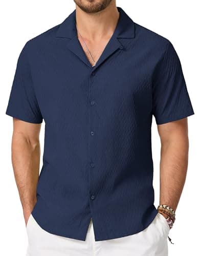 Image of Cavva Casual Shirts for Men UK Short Sleeve Button Down Textured Shirt Regular Fit Holiday Beach Casual Shirts Navy Blue M