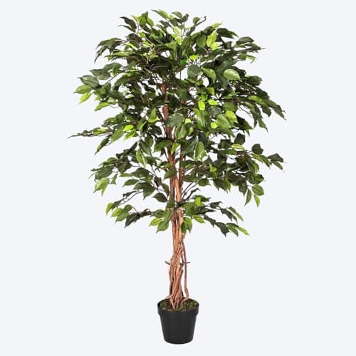 Image of HOMESCAPES 4ft Artificial Ficus Tree – Tall Artificial Plant Indoor with Real Wood Trunk & Lifelike Green Leaves Decorative Faux, Fake Plant with Pot for Home, Office, Living Room