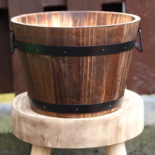 Image of Fyne-Finds Round Wooden Whiskey Barrel Planter 28cm, 11inch Garden Pot with Metal Handles Band Outdoor Tub Weatherproof DrainageHoles (1)
