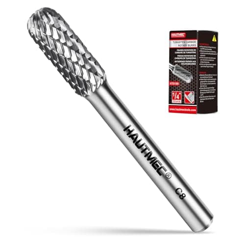Image of HAUTMEC Tungsten Carbide Rotary Burr Bit YG6, 1/4" Shank Double Cut Die Grinder Bit, Low Vibration Precision Rotary File for Metal Grinding, Engraving & Deburring (8MM Cylindrical Ball End), HT0199