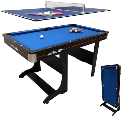 Image of Riley 5ft Folding Pool Table - Supplied with Balls & Cues & Matching Table Tennis Top, Bats & Net - Vertical Folding Leg System for Easy Storage - Converts into Desk