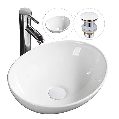 Image of Modern Oval Bathroom Sink Countertop Basin Sink Bathroom Ceramic Vessel Washbasin with Pop Up Waste 400 x 330 x 145mm