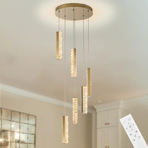 Image of diisunbihuo 6 Light Crystal Pendant Light, Dimmable 3CCT LED Cluster Chandelier with Remote Control, Adjustable up to 1.7m, Copper Gold Tone for Kitchen Island & Dining Room