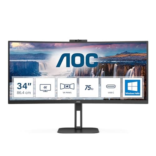 Image of AOC CU34V5CW - 34 Inch Curved QHD Monitor,100Hz, VA, WebCam, USB-C Docking,65W power delivery, USN Hub, Height Adjust, Speakers (3440 x 1440 @100Hz, 300 cd/m² , HDMI 2.0/ DP 1.2 / USB-C 3.2 DP alt)