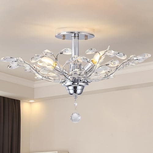 Image of Ganeed Vintage K9 Clear Crystal Chandeliers Ceiling Lighting Pendant Lighting Flush Mounted Fixture for Living Room Dinning Room Restaurant Porch Hallway Silver 4 Lights