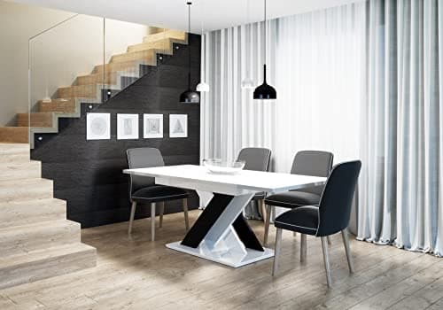 Image of Extendable Dining Table, Black & White Gloss, Dining Table Extendable, 140-180 x 80 x 75 cm, 6-8 Seater Modern Rectangular Kitchen & Dining Room Table, High Gloss Surface