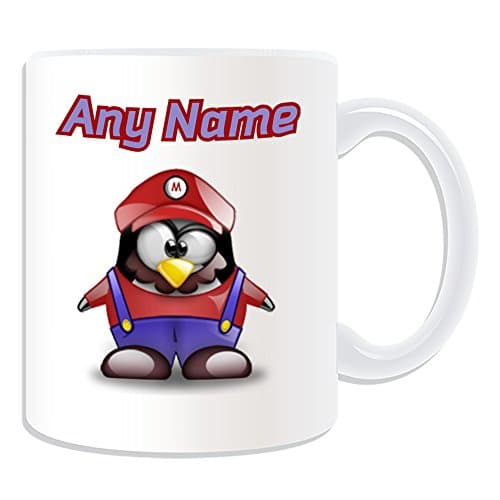Image of Personalised Gift - Mario Mug (Penguin Video Game Character Costume Design White) Name Message Unique Silly Funny Novelty Superhero Hero Super Computer RPG Jumpman Bros Yoshi Luigi Plumber