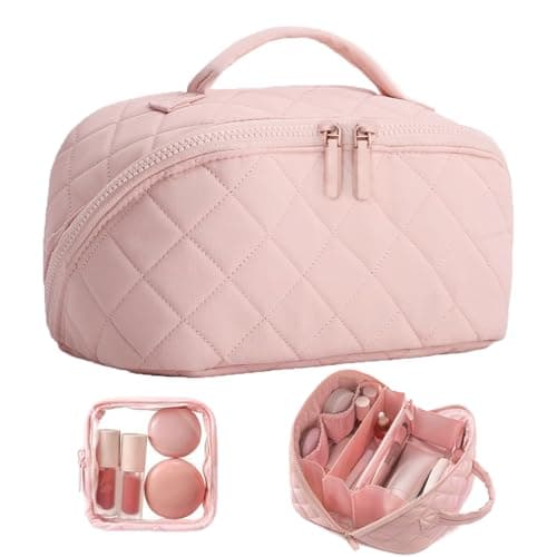 Image of KANGBES Flat Lay Makeup Bag, Puffer Cosmetic Bag with Brush Compartment, Large Capacity Travel Make Up Bags for Women, Open Flat Quilted Makeup Case for Daily Toiletry Organisation (Pink)