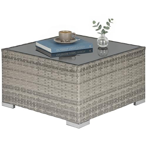 Image of Outsunny Rattan Garden Coffee Table, 65 cm Square Garden Rattan Table with Tempered Glass Top, All-Weather Wicker Bistro Outdoor Furniture for Patio, Balcony, Porc, Grey