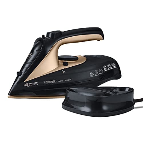 Image of Tower T22008BKG CeraGlide Cordless Steam Iron with Ceramic Soleplate and Variable Steam Function, Black and Gold
