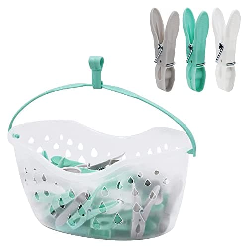 Image of pegs it 36 Plastic Clothes Pegs with Peg Basket for Washing Line with Hanger WeatherResistant Bucket with Drainage Holes | Convenient Laundry Hanging Solution, Aqua Blue, Grey, 12 x 24 x 12 cm