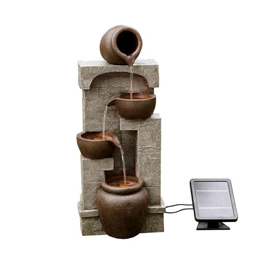 Image of Teamson Home Solar Powered Water Feature, Indoor or Outdoor Garden Water Fountain, 4 Tier Pot, Waterfall with Solar Powered Pump and LED Lights