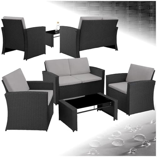 Image of tectake® Rattan Garden Lounge Set, Chic Design, 2 seater sofa, 2 Armchairs and 1 Table with Removable Glass Top, Comfortable Seat and Back Cushions, for garden, patio, balcony - black/grey