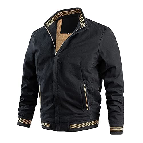 Image of Mens Barbour Jacket - Leisure Sports Top Plus Velvet Zip Pocket Stand-Up Collar Jacket Blouse for Men Jacket No Hood Black
